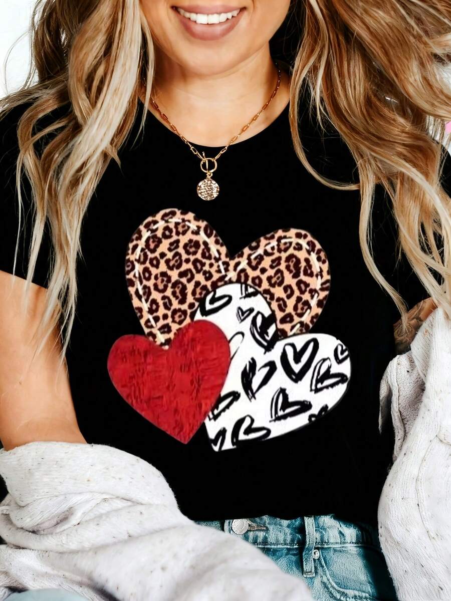 Leopard Heart Graphic T-Shirt, 100% Cotton Oversized Soft Breathable Casual Crewneck Short Sleeve Top, Romantic Aesthetic Summer Vibes Tee for Women & Animal Lovers