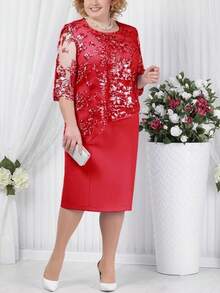 New Women's Plus Size Cocktail Dress, Light Blue, Round Neck, 3/4 Sleeves, Lace Appliqués, Mock Double Layer, Elegant And Flattering Design, Perfect For Events, Parties And Dinners - 紅色 - 查看 4