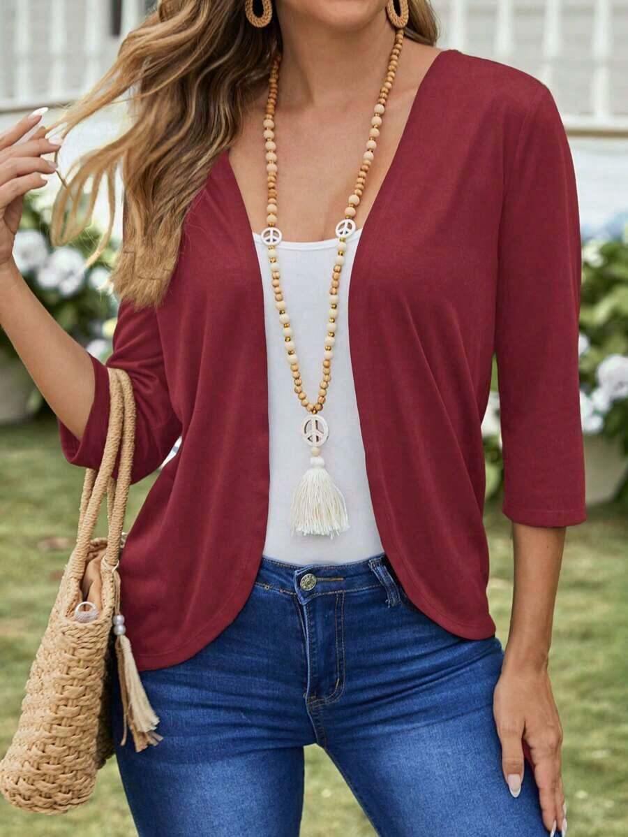Chaqueta ligera de mujer de unicolor con abertura frontal y manga 3/4 casual - Burdeos - Ver 1