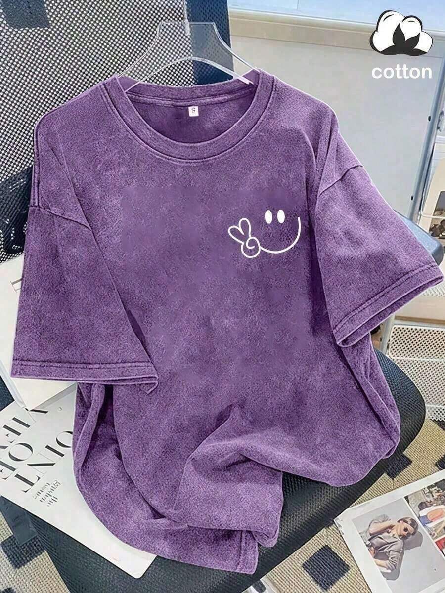 Vintage Washed Cotton Loose-Fit T-Shirt, Cute Face And Heart Print, Women's Casual Tree Style Short-Sleeve Top, Wrinkle-Resistant Washed Cotton T-Shirt Vintage Style--Everyday Outfit T-Shirt Women's Basic Tee - Màu tím - Xem 1