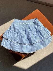 Falda  para mujer, de tela tejida a rayas con cintura elástica y dobladillo con volantes, adecuada para festivales de música country - Multicolor - Ver 3
