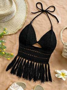 Top de punto con cuello de halter, bajo con flecos y cuentas para mujer, adecuada para vacaciones, citas, té de la tarde, playa, crucero, viaje a la ciudad, temporada de bodas, festival de música, vacaciones bohemias - Negro - Ver 5