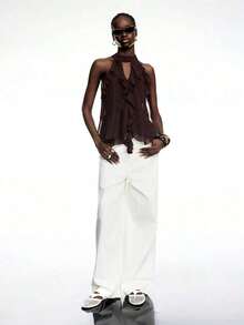 Elegant Solid Color Halter Top With Ruffles For Women - 貝斯 - 查看 3