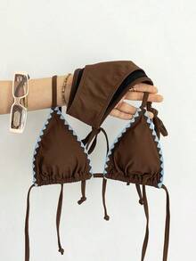 Bikini de 2 piezas de unicolor con escote halter y lazos, sexy y elegante para playa, vacaciones, viajes y fiestas. Nuevo para primavera/verano - Brote azul marrón - Ver 2