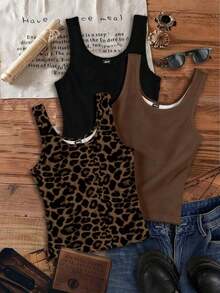 Set de 3 camisetas de tirantes de cuello redondo casuales para mujer, versátiles para el verano - Multicolor 5 - Ver 1
