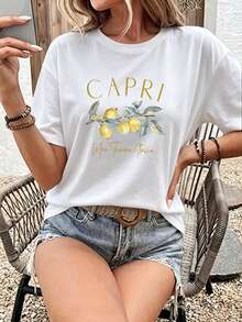 Playera Casual Mujer "Capri Limones Italia" - Blanca con Estampado de Limones y Texto Dorado - Blanco - Ver 3