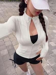 de manga larga de cuello simulado elástica de unicolor y ajustada para mujer, deportiva y casual, para primavera y otoño - Blanco 2 - Ver 6
