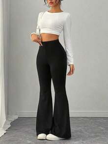 Pantalones acampanados de cintura alta elástica de unicolor para mujer, leggings de yoga, pantalones de capa base de compresión, pantalones para correr y hacer ejercicio, leggings de primavera/verano para mujer, negro - Negro - Ver 6