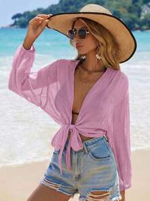 Swim Vcay Kimono corto de manga larga de unicolor y uso diario minimalista para mujer - Rosa - Ver 3