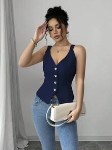 Camiseta sin mangas de un solo pecho de unicolor casual para mujer - Azul marino - Ver 7