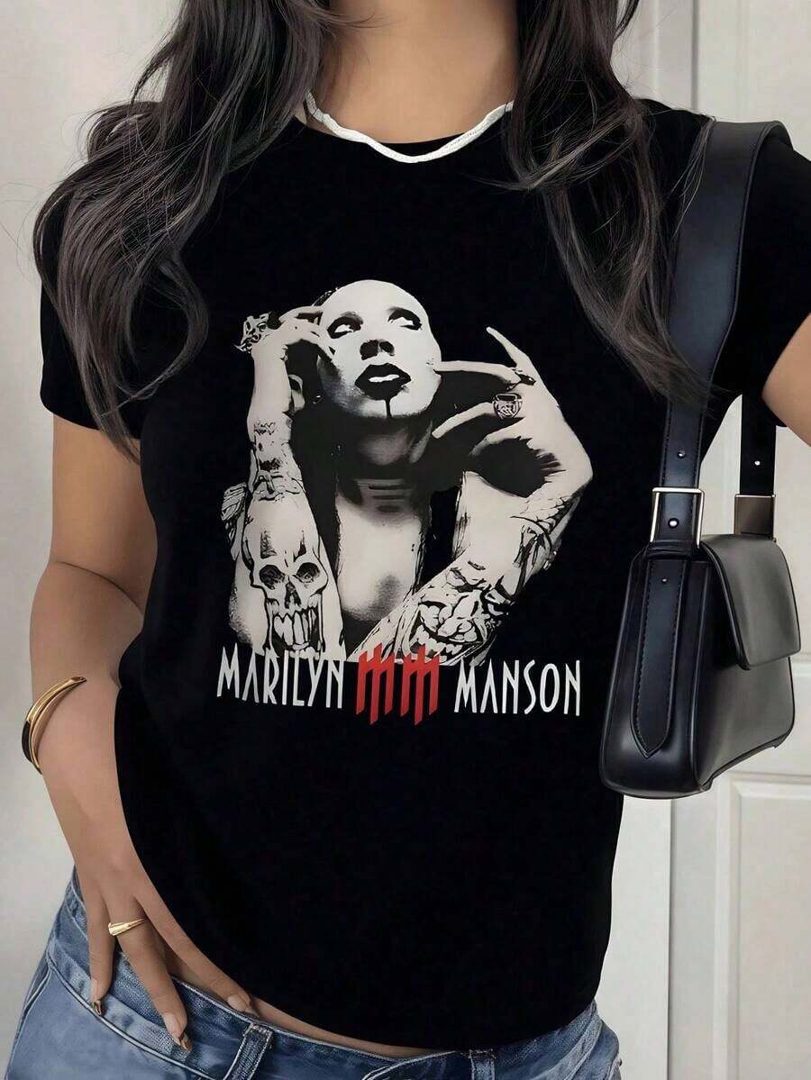Gothic Grunge T-Shirt With Marilyn Manson Merchandise, Black Short-Sleeved T-Shirt With Vintage Rock Aesthetic And E-GirlPure-Cotton T-Shirt - 黑色 - 查看 1