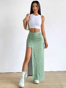 Falda larga con diseño floral pequeño y abertura en el dobladillo - Verde - Ver 4