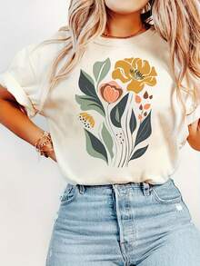 Camiseta de manga corta color albaricoque para mujer, estilo casual de verano, con estampado gráfico, moderna y a la moda, adecuada para todas las estaciones. - Albaricoque - Ver 5