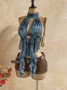 Blusa de  para mujer, sexy, con estampado de leopardo, sin espalda, con lazo en el cuello y bajo fluido, ideal para playa, orilla del mar, citas románticas, vacaciones, té de la tarde, temporada de bodas, cruceros, viajes por carretera, vacaciones boho, festivales de música, estilo hippie, estilo occidental, se puede usar por dentro o por fuera, top de leopardo para todas las estaciones, top bohemio, top de guepardo, top con estampado de animales. - Multicolor 2 - Ver 6