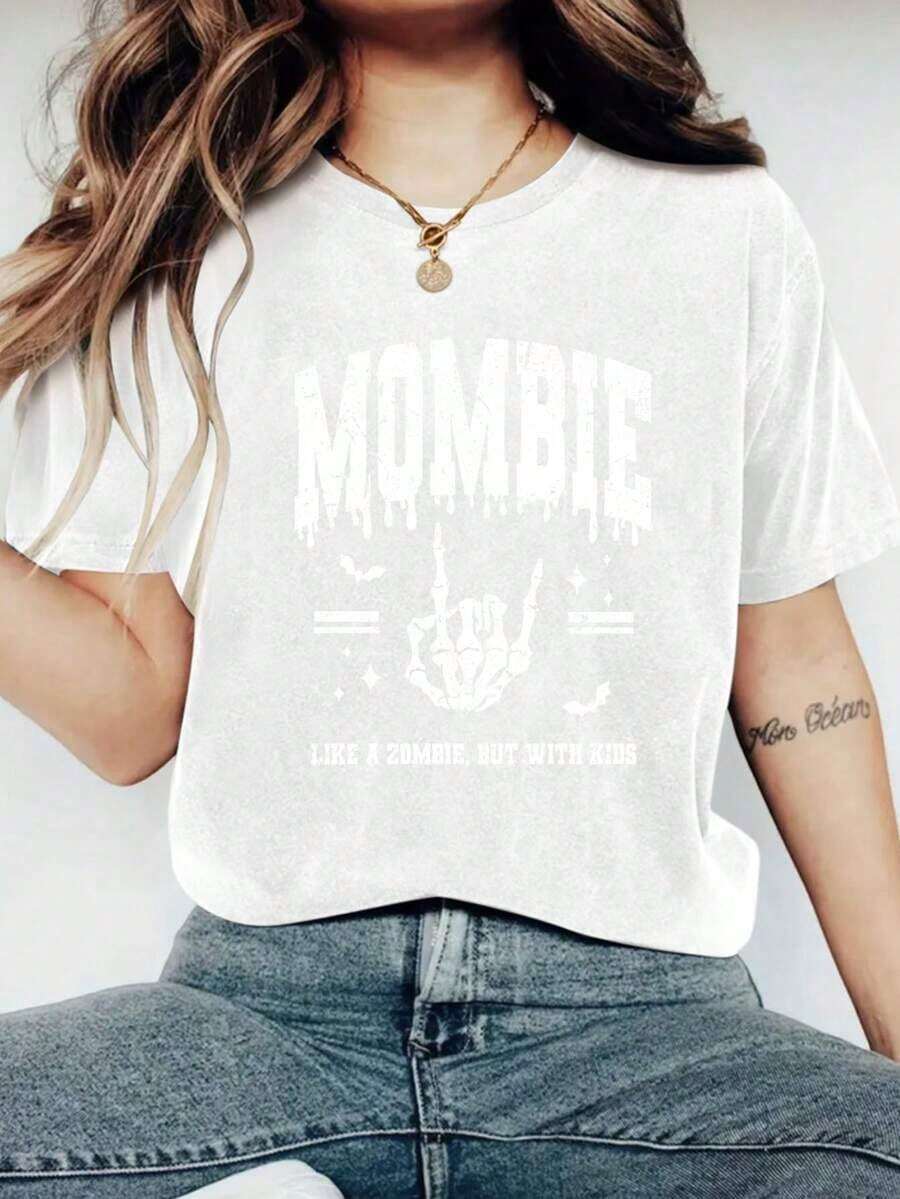 Mombie Women's Oversized T-Shirt With Skull Print - Casual Knit Fabric, Round Neck Design, Comfortable For All Seasons, Holiday Top, One Piece, Weight 200g - 白色 - 查看 1