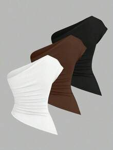 Sweetro Conjunto de top asimétrico con hombro fruncido elegante para mujer - Multicolor 6 - Ver 2
