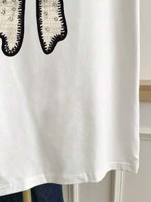 Camiseta de mujer de manga corta con cuello redondo, bloque de color, bordado de corazón a rayas y versátil - Blanco 12 - Ver 5