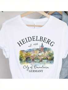 Women's Casual Summer T-Shirt, 100% Cotton, With Heidelberg, Germany Cityscape Print | Women's Summer T-Shirt, Round Neck, Short Sleeve, Comfortable, Breathable, Casual, Holiday Gift, Perfect Present - 白色 - 查看 7