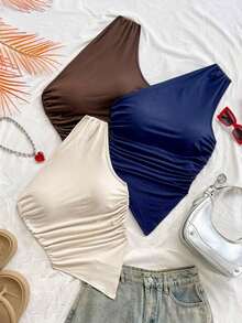 3 piezas Conjunto informal de verano de 2 piezas para mujer con parte superior de hombro asimétrico y bajo asimétrico, adecuado para volver al colegio, té de la tarde, casual, invitada a boda en la playa, brunch de graduación, Día de San Patricio, - Multicolor 5 - Ver 5