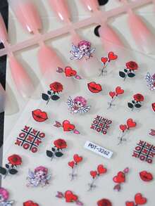 1 miếng dán móng tay dập nổi, dẻo, họa tiết thần Cupid dễ thương với môi đỏ, hoa hồng và trái tim, bề mặt bóng, hình dạng bất đối xứng, món quà hoàn hảo cho phụ nữ trong các dịp lễ hội. - Nhiều màu - Xem 3