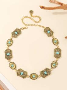 1PC Antique Silver Western Bull Head Concho Waist Chain, Engraved Cowboy Belly Belt For Ranch Wear, Cowgirl Outfits & Summer Festivals, - Gold - View 1