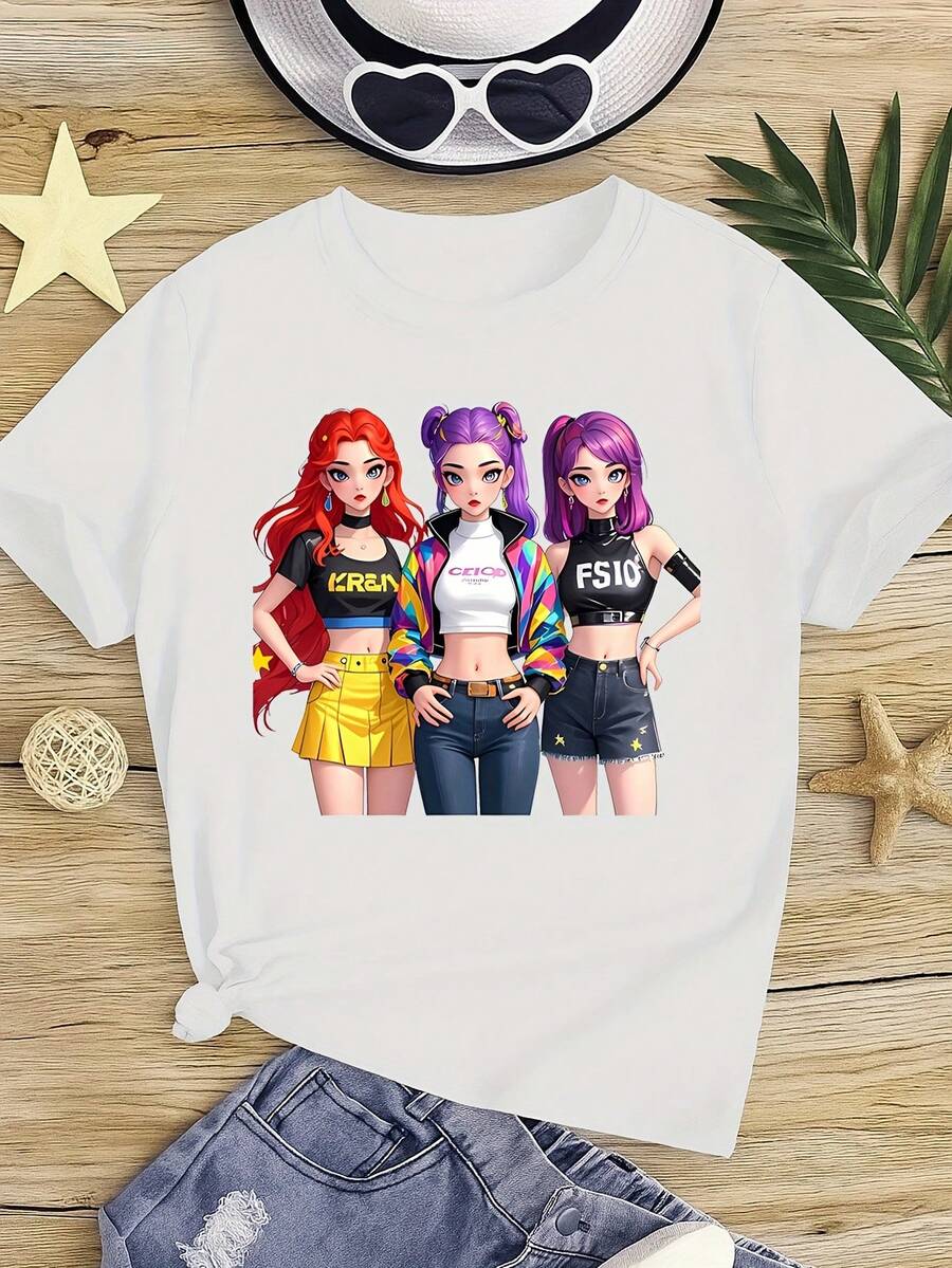 Camiseta de manga corta para niños con estampado de K-Pop, 120-170 cm, cuello redondo, recuerdo para fanáticos de K-Pop, transpirable y lavable a máquina - Blanco - Ver 1