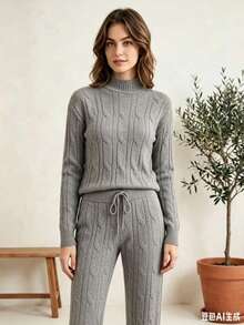 1pc Casual Blouse And Pants Set, Daily Winter Modal Knit, Classic Cable Knit - 查看 3
