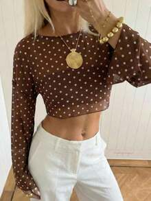 Blusa corta suelta de mangas de murciélago y cuello redondo de unicolor para mujer, de manga tres cuartos, para primavera/verano - Café integral - Ver 9