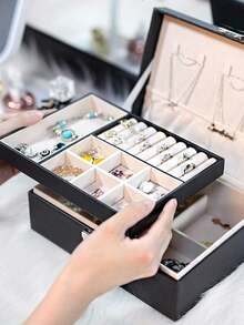 1pc Dual-Layer Jewelry Box, PU Leather Jewelry Display Case, Luxury Lockable Jewelry Storage Box, Home Jewelry Organizer Accessory, Suitable For Necklaces, Earrings, Rings, Bracelets, Large Capacity Jewelry Box - Multicolor - View 6