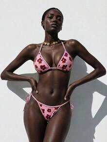Conjunto de bikini de 2 piezas con estampado floral diminuto y escote halter para vacaciones y playa - Multicolor 3 - Ver 6