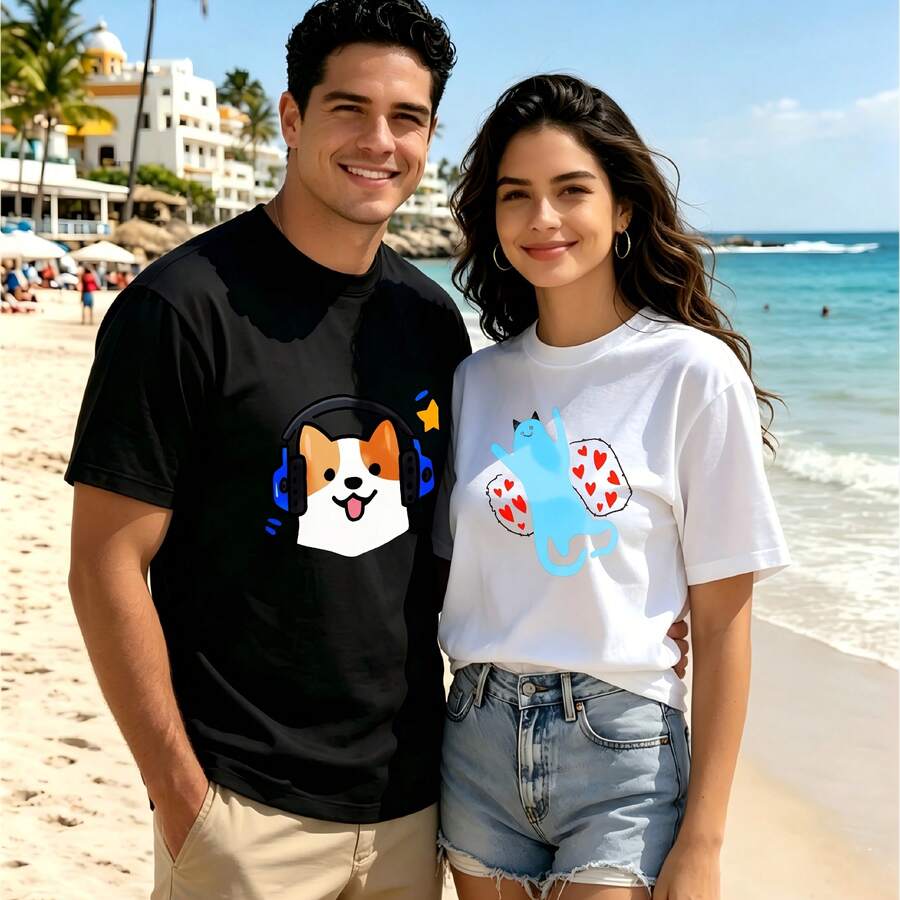 2-Piece Couple Matching Pattern T-Shirt, 100% Cotton, Loose Fit, Soft And Breathable, Casual Round Neck Short Sleeved Top Dog With Headphones Cat With Ball Versatile Patterns No Picky Combinations Coordinated Dating Casual Travel Simple And Cartoonish Printing Styles High Cost-Effectiveness Couple - 黑色 - 查看 1