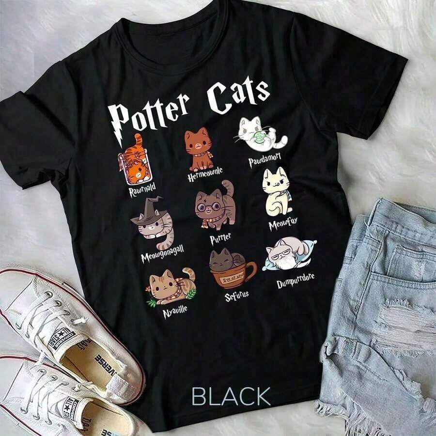 1 pieza de camisetas de gatos Potter, lindas camisetas de Harry Pawter, regalos para ella, camiseta de uniforme, estética rock, Y2K, E-Girl, 90s, 2000s, retro, centro comercial, oversized, baggy, punk, vanguardista, vintage, gótico, ropa de calle Harajuku, camisetas de manga corta, cuello redondo, tops casuales para verano y primavera, ropa de hombre, camisetas, ropa de mujer, camiseta de 180g, 100% algodón suave. - Negro - Ver 1
