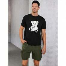 Short Sleeve T-Shirt With Round Neck And Summer Print 2FAH - Hitam - View 4