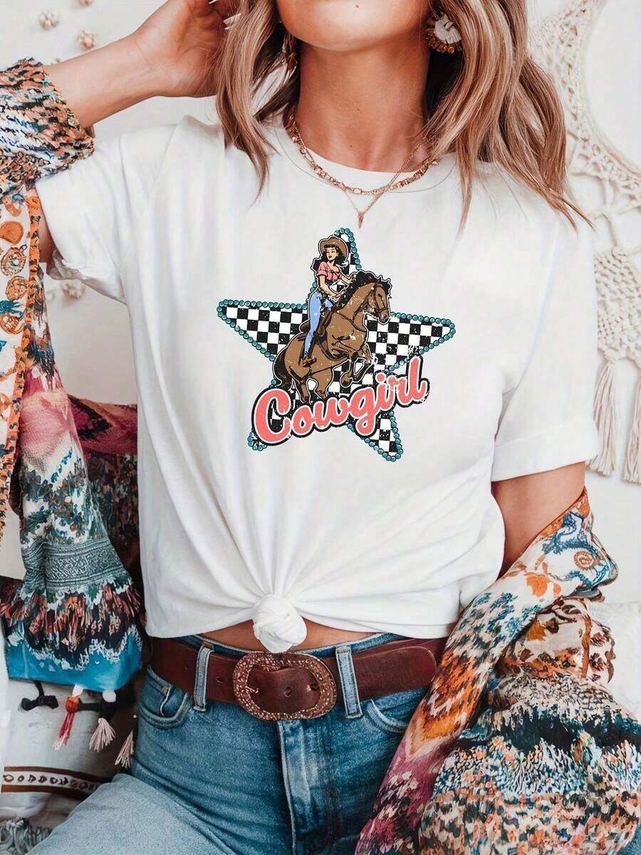 Camiseta de diseño estampado casual 100% algodón para mujer, estampado de estrellas y cuadros, camiseta con diseño de vaquero, estilo rodeo, vintage, camiseta western para mujer, camiseta con estampado de letras de música country, top casual de manga corta y cuello redondo para verano y primavera, ropa de mujer, tops de verano 2026, atuendos diarios para mujer, adecuada para primavera, verano y otoño. - Blanco - Ver 1