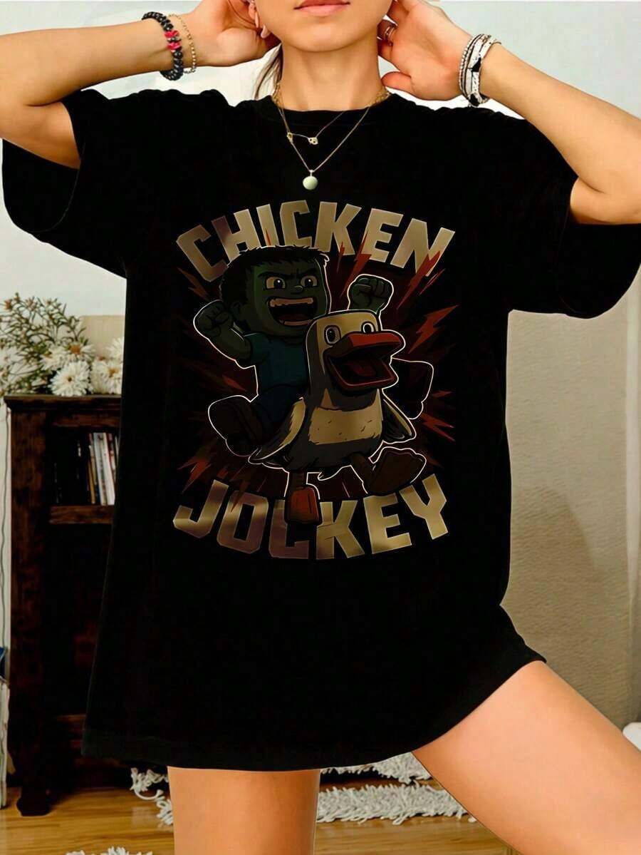 Women's Casual Cotton T-Shirt, Plus Size, With Fun And Stylish Jockey Print, Short Sleeve, For Everyday Summer Wear, Gift For Her, Round Neck, Printed Design, Casual Everyday T-Shirt, Excellent Gifts For Friends And Family, 100% Cotton, Youthful And Modern Design, 100% Cotton, Durable. - 黑色 - 查看 1