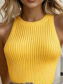 Vestido de suéter con volantes en el bajo, ajustado y sin mangas para mujer - Amarillo - Ver 3