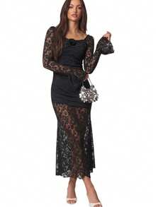 Vestido ajustado de encaje manga larga estilo sensual - Negro - Ver 9