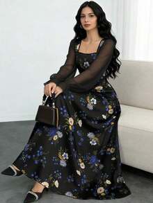 YHHModelyn Vestido de manga farol de cuello cuadrado con estampado floral diminuto, vestido largo elegante con cintura ceñida para verano y uso diario, vestido floral negroYHH - Multicolor 8 - Ver 3