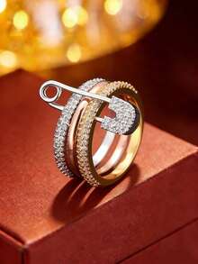 1pc Unique Single Needle Set Triple Loop Design Cubic Zirconia Inlaid Women's Ring - White - View 19