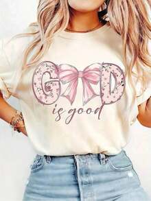 1 pieza de ropa para mujer: camiseta color crema con estampado floral y lazo, camisas, top blanco, camisetas gráficas para mujer, camiseta unisex casual de cuello redondo, tejido ligero de 220 g/m², lavable a máquina, para primavera/verano/otoño, Día de San Valentín, Pascua, Día de la Madre. - Blanco - Ver 7