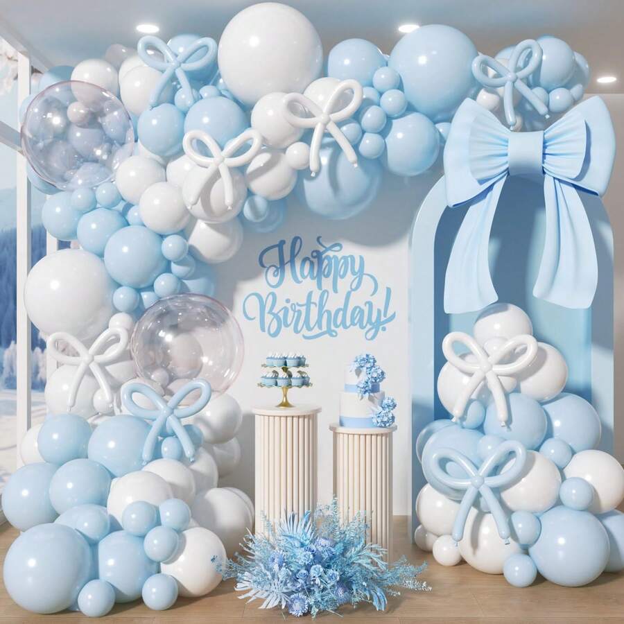108 piezas Conjunto de arco de guirnalda de globos azul y blanco - Globos azul claro y blancos, adecuado para cumpleaños de niño/niña, baby shower, revelación de género, decoraciones para despedida de soltera - Multicolor - Ver 1