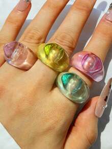 4pcs Set Fashionable Glamorous Sparkling Unique Delicate Creative Luxury Versatile High-End Elegant Translucent Colorful Asymmetrical Cat Head Resin Rings, Suitable For Daily Wear, Festivals And Parties - View 2