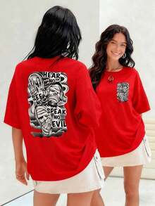 Tres rostros vendados que simbolizan no escuchar no ver y no hablar ante la maldad reflejando silencio y resistencia camiseta para mujer 100% algodónSuitable for spring, summer and autumn - Rojo - Ver 7