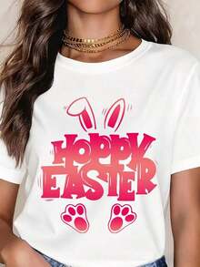 Camiseta Moderna Minimalista para Mujer con Diseño de Orejas y Patas de Conejo de Pascua, Camiseta Casual para el Día a Día - Blanco - Ver 7