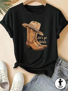 Women's T-Shirt With Cowboy Boots And Hat Monogram Print - Western Style Short Sleeve Top Ideal For Spring, Summer And Autumn, Cowboy Theme Events And Everyday Outfits - Women's Non-Round Neck Blouse - 黑色 - 查看 1