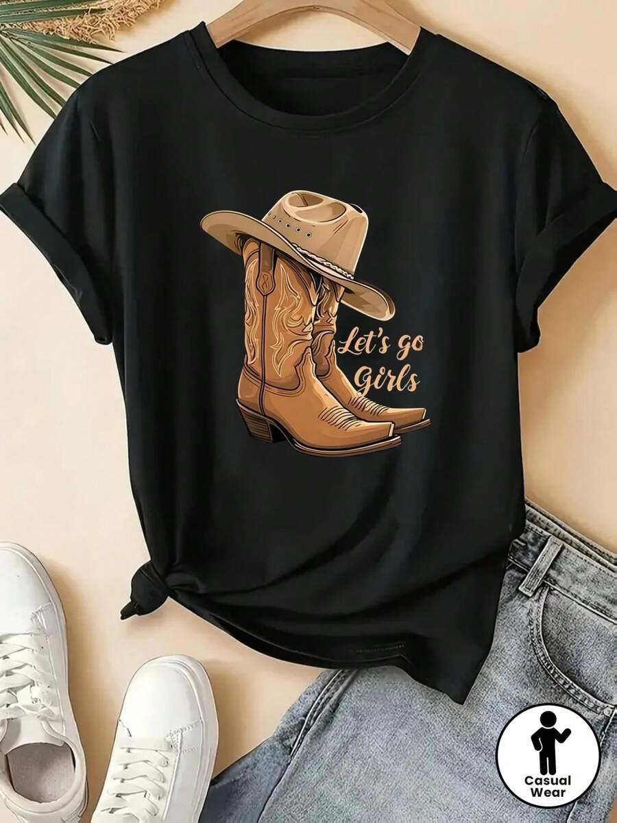 Women's T-Shirt With Cowboy Boots And Hat Monogram Print - Western Style Short Sleeve Top Ideal For Spring, Summer And Autumn, Cowboy Theme Events And Everyday Outfits - Women's Non-Round Neck Blouse - 黑色 - 查看 1