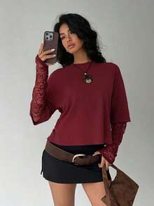 Women's Solid Color T-Shirt With Minimalist Lace Sleeves For Everyday Wear - 波爾多 - 查看 7