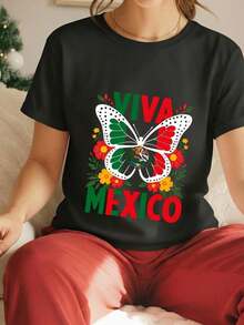 Viva Mexico T-Shirt With Mexican Butterfly Flag For Independence Day, 100% Cotton, Short Sleeve, Crew Neck, Unisex, Mexican Pride, Heritage Gift, Monarch Floral Graphic T-Shirt, Five Of Ma-3 Blouses For Women - 黑色 - 查看 4