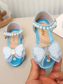 Girls' Princess Style Flat Sandals With Pearl, Bow, And Rhinestone Decor, Versatile For Daily Wear, School, Party, Beach, Holiday - Blue - View 4