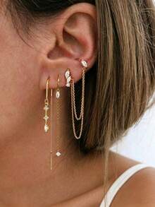 Set de 3 piezas de aretes de cadena larga con circonita para mujer, adecuado para uso en vacaciones y fiestas, accesorios de joyería de moda - 3 piezas/juego (para 1 oreja lateral) - Ver 3